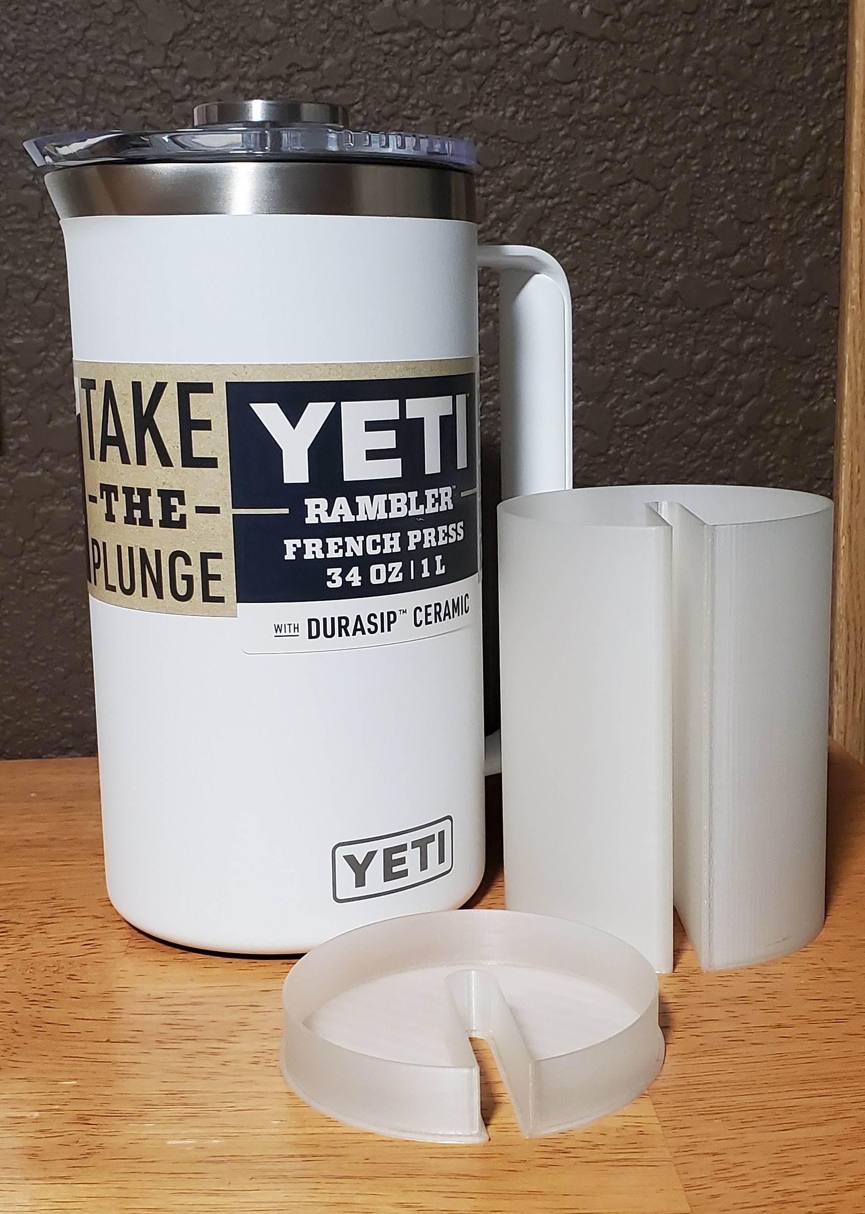 Yeti Rambler french press showing Camel Joe with lid